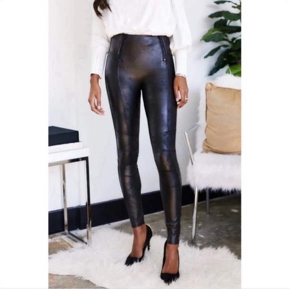 SPANX Faux Leather Hip Zip Leggings In Very Black Size Medium Compression Slim - Picture 3 of 12